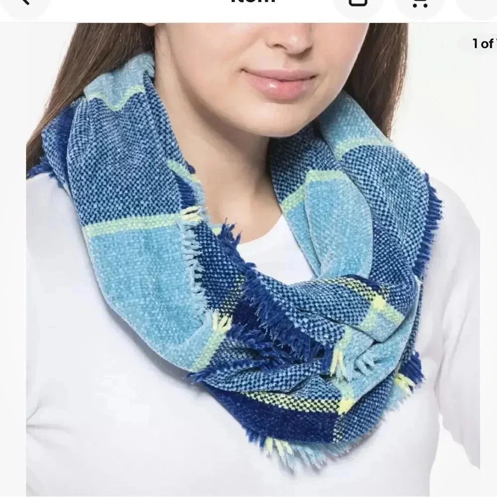 Charter Club Infinity Scarf Blue Multi Plaid Woven Chenille Loop Fringed